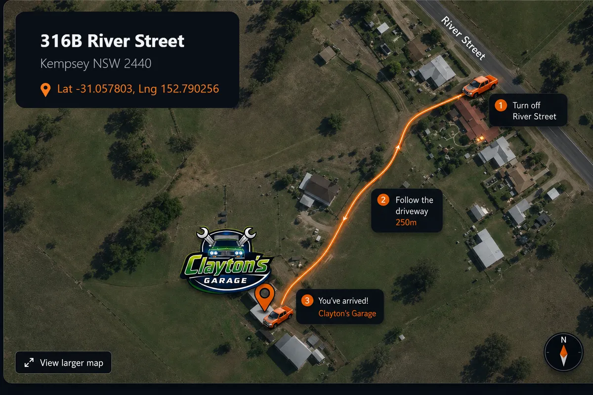Map and driveway directions to Clayton's Garage, 316B River Street
